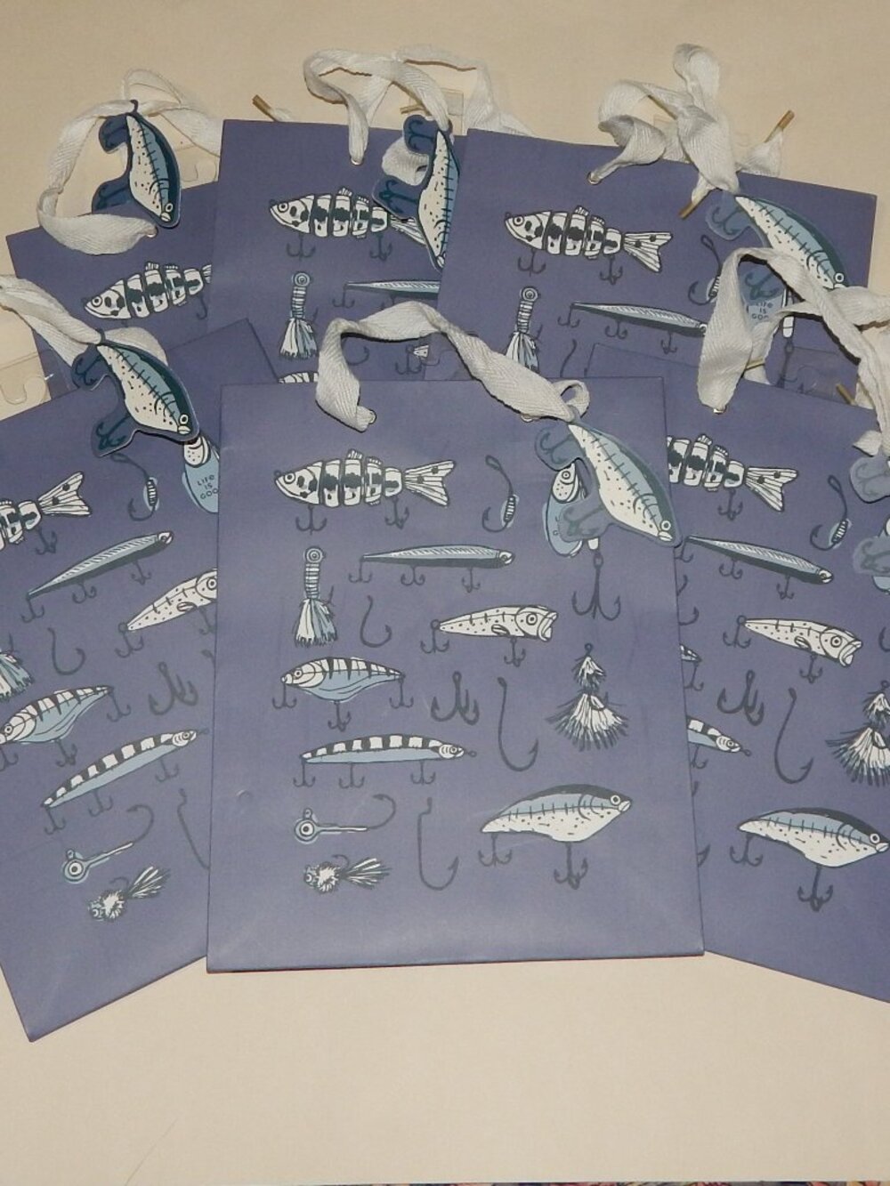 6 Life is Good - Fishing Lure Blue Paper Gift Bags - 9.75" x 7.75" x 4.25"